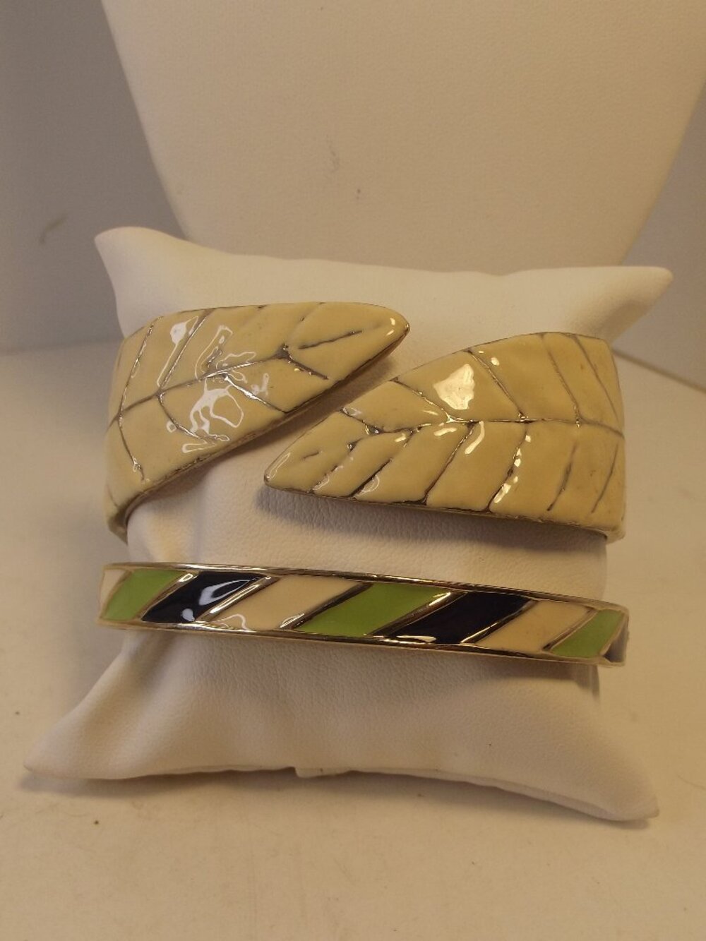 Two - 2 - Enamel Clamper Bracelets - Leaf Motif & Stripes